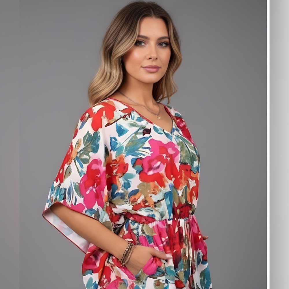 Boho Floral Print Batwing Sleeve Romper - Picture 3 of 6